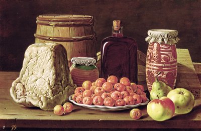 Naturaleza muerta con frutas y queso de Luis Menendez or Melendez